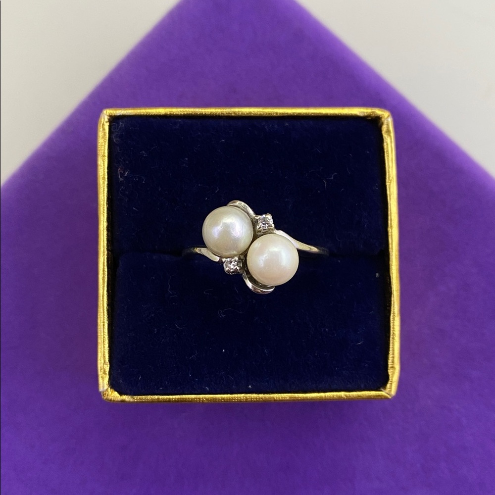 💛 10k White Gold Vintage Pearl & Diamond Ring
